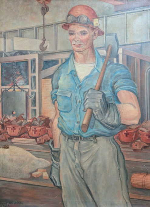 Painting of a foundry worker in a hard hat holding a sledgehammer